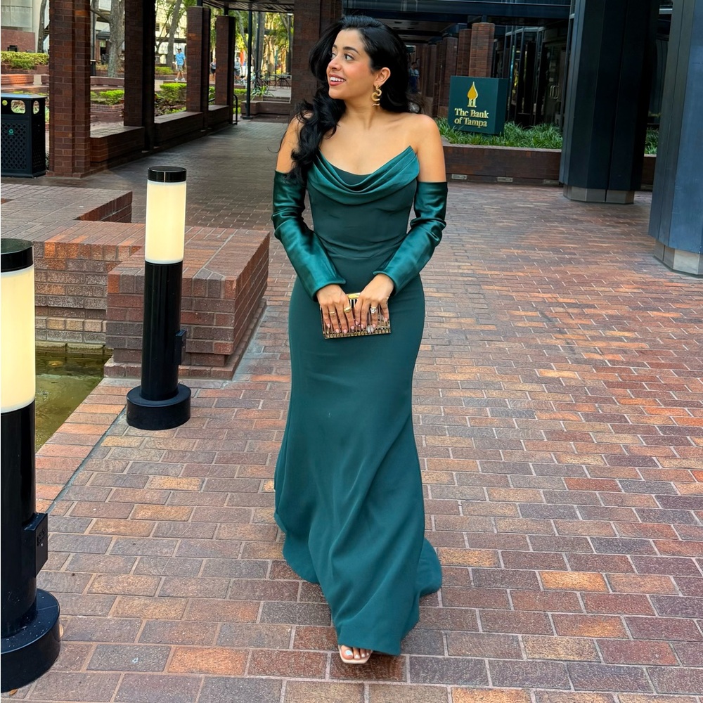 Elegant Green dress with satin top and hanging off shoulders